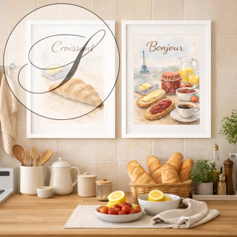 Deco murale cuisine elegante poster paris avec deux affiches petit dejeuner francais style cafe parisien en cadre blanc