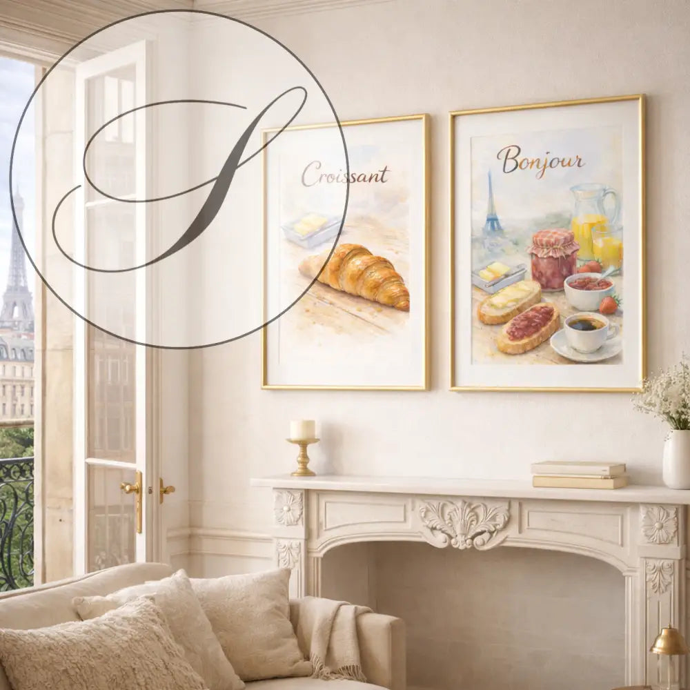Deco murale cuisine elegante avec deux affiches poster paris en cadre dore, illustration croissant dore et scene petit dejeuner bonjour pastel