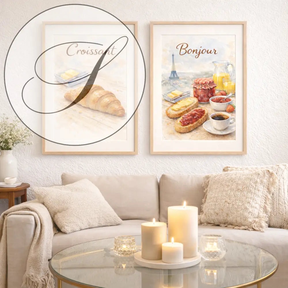Deco murale cuisine élégante avec deux affiches poster paris en aquarelle de croissant doré et petit déjeuner français
