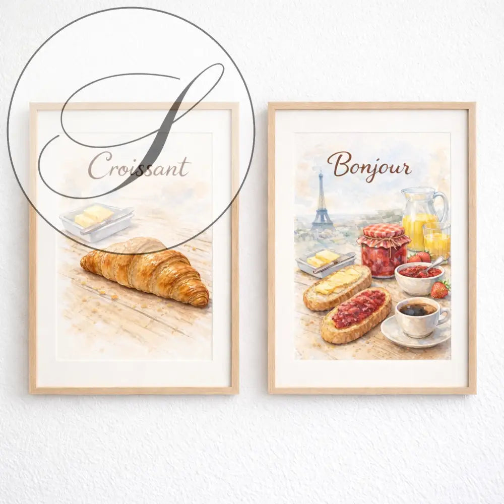 Deco murale cuisine elegante avec 2 affiches petit dejeuner francais style poster paris en cadres bois clair