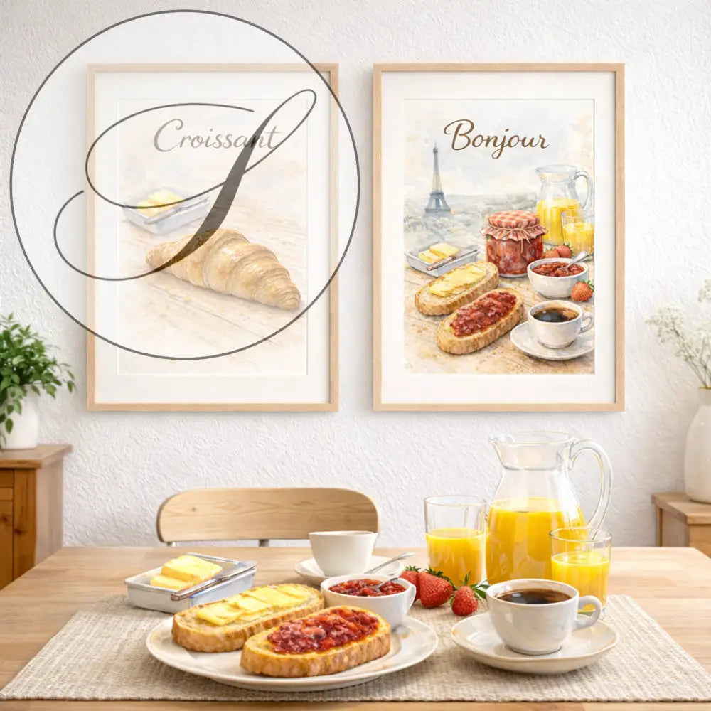 Affiches poster paris avec cadre aquarelle illustrant un croissant et une scène de petit déjeuner français élégant