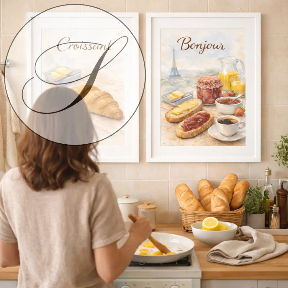 Poster paris de déco murale cuisine élégante avec cadre blanc illustrant un croissant et petit déjeuner français