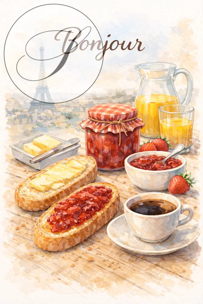 Pichet de jus d'orange devant une affiche petit déjeuner style café parisien, déco murale cuisine