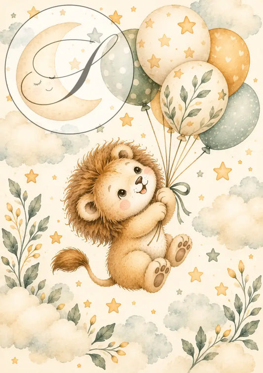 Affiche poster personnalisé bébé lionceau illustration aquarelle douce avec ballons pastel idée cadeau naissance