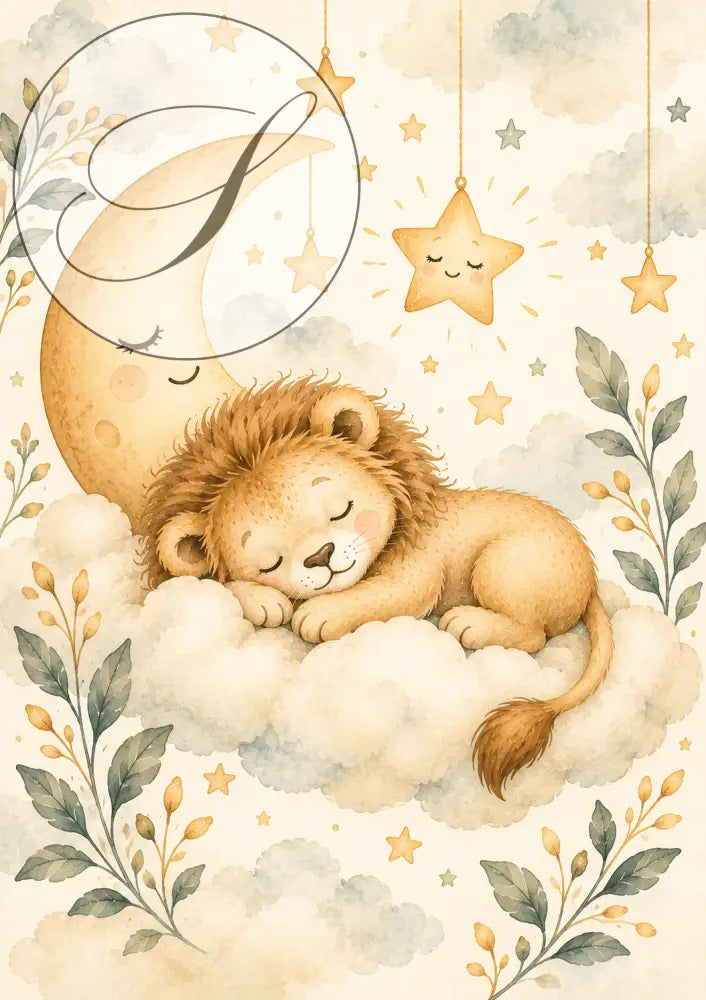 Illustration aquarelle douce dun lionceau endormi sur des nuages blancs pour un poster personnalisé cadeau naissance