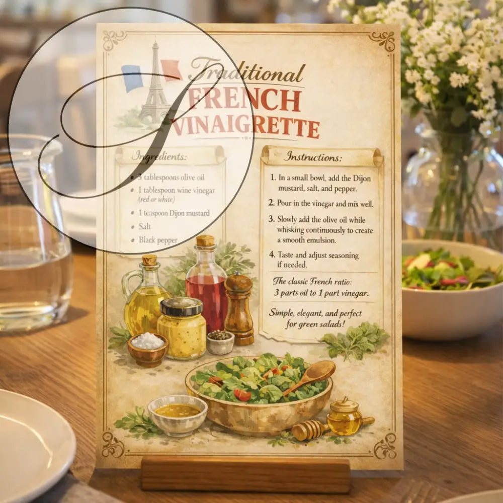 Affiche vintage la vinaigrette traditionnelle avec illustrations d'huile d'olive et de salade