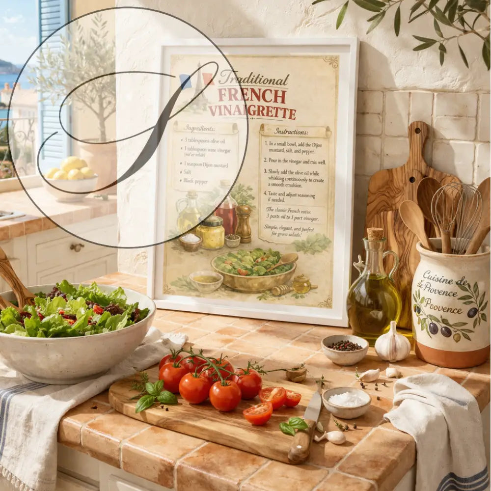 Ce poster vintage français avec cadre en bois présente une affiche beige illustrant la vinaigrette française traditionnelle