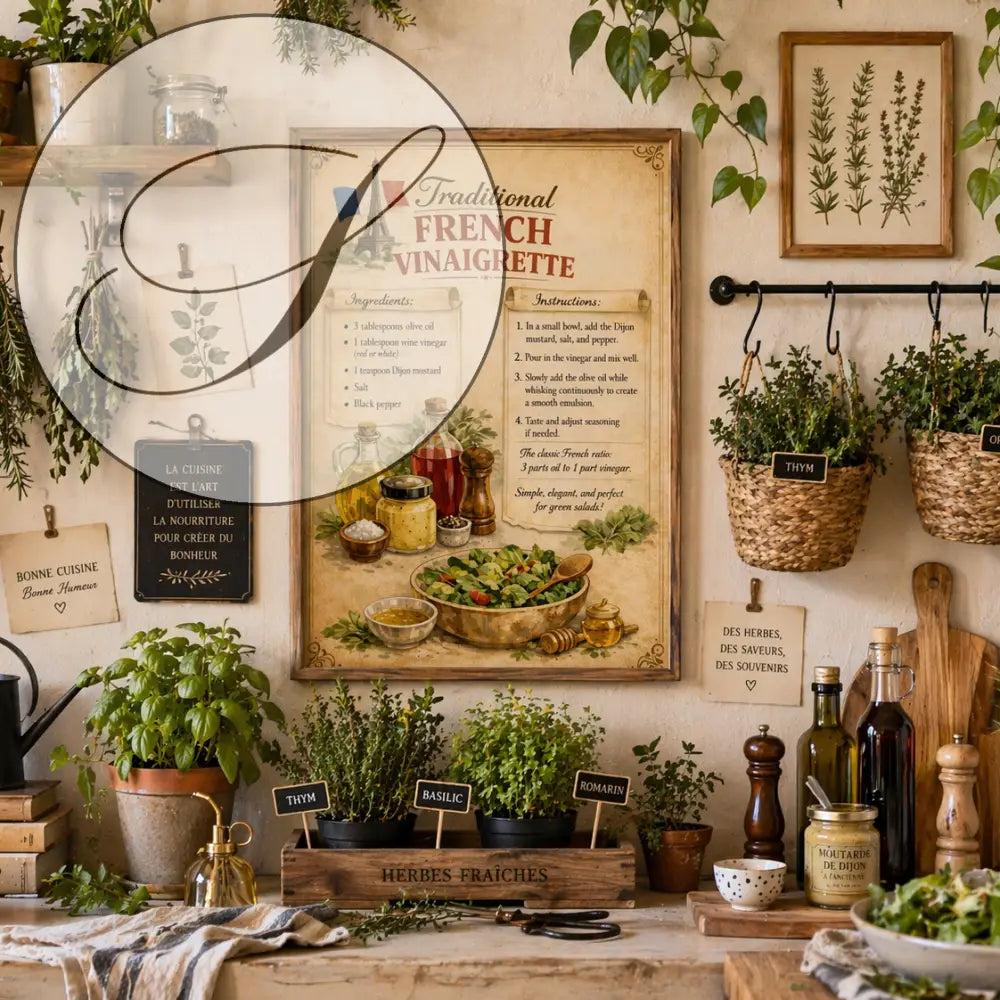 Ce poster vintage français présente une affiche recette vinaigrette traditionnelle sur fond beige avec cadre en bois
