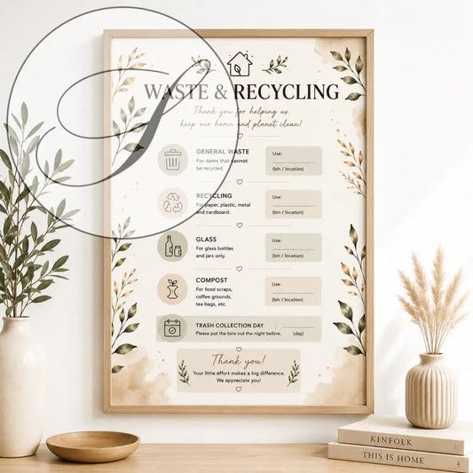 Affiche encadrée waste et recycling beige et verte avec instructions de tri pour poster imprimable kit accueil location saisonnière