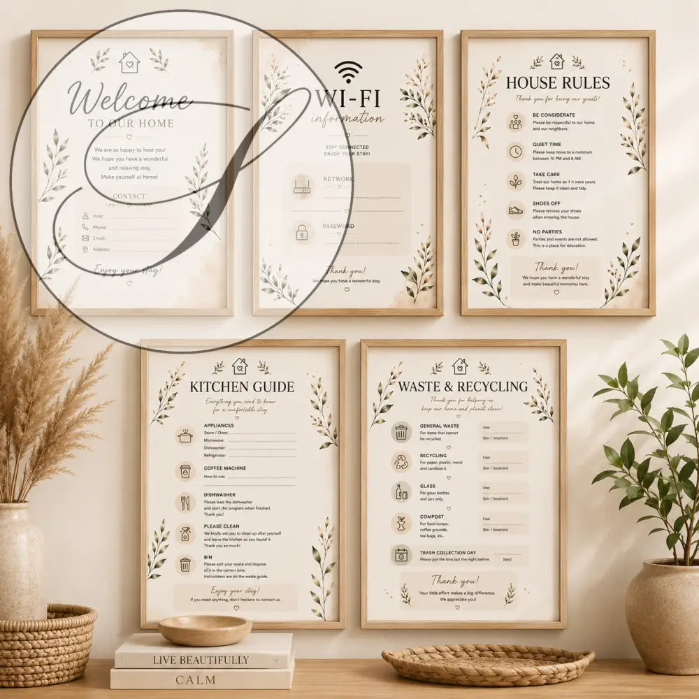 Set de cinq affiches à imprimer accueil location saisonnière avec motifs botaniques sur papier crème encadrées en bois clair