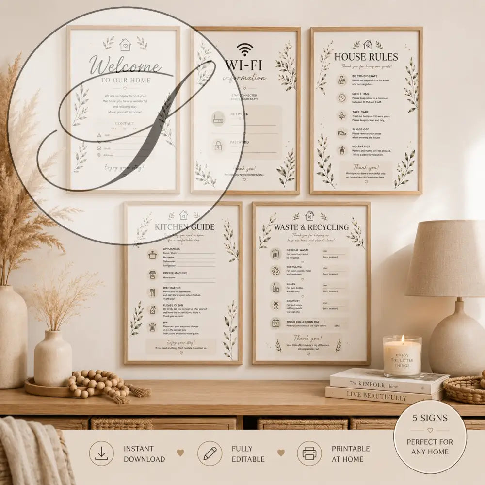 Kit accueil location saisonnière avec 5 affiches à imprimer, posters imprimables avec bordures feuillages et messages pratiques