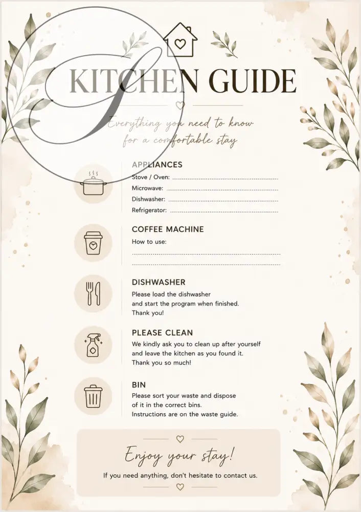 Kit accueil location saisonnière poster beige crème avec texte noir instructions appareils et icône maison printable posters