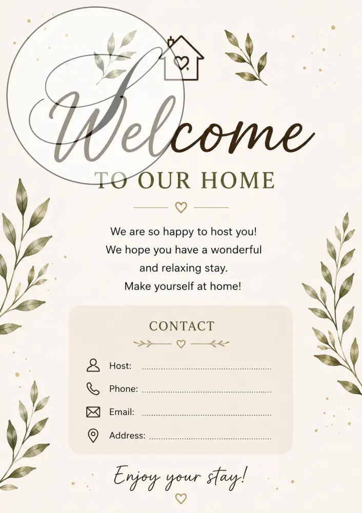 Welcome sign avec lettrage cursif marron élégant sur fond beige avec feuilles aquarelle et paillettes dorées printable posters