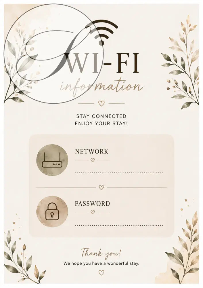 Affiche beige kit accueil location saisonnière avec informations wifi et bordures feuillues pour posters imprimables