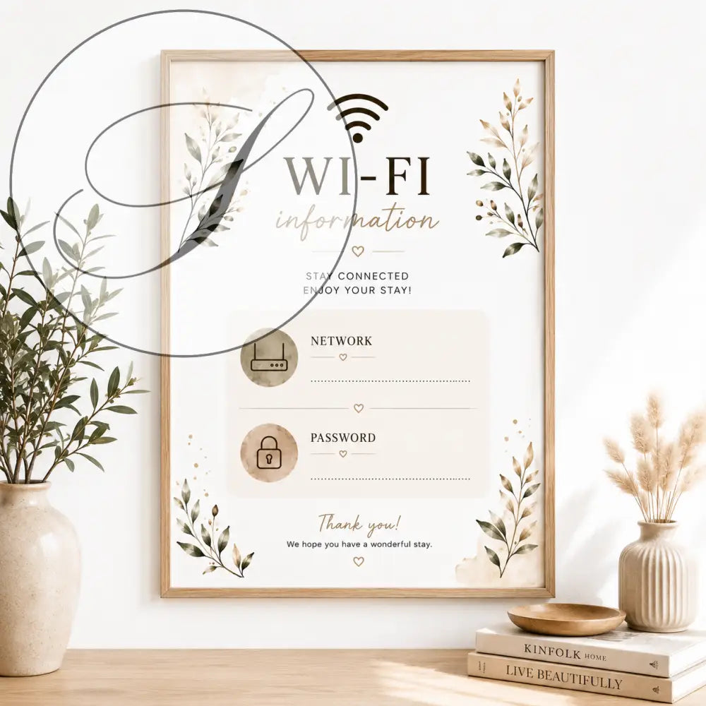 Kit accueil location saisonnière affiche wi-fi avec design floral beige et or pour afficher nom réseau et mot de passe printable posters