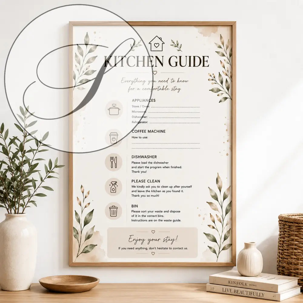 Affiche encadrée kit accueil location saisonnière avec design botanique beige et vert texte noir sur fond crème printable posters