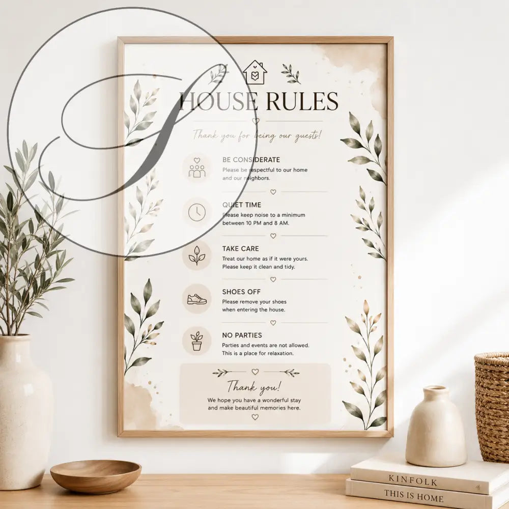 Affiche encadrée règles de la maison avec design botanique beige et vert texte noir sur fond écru pour posters imprimables