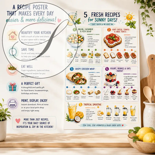 Affiche de recettes ff avec cinq repas d’été faciles illustrés en couleurs et listes d’ingrédients