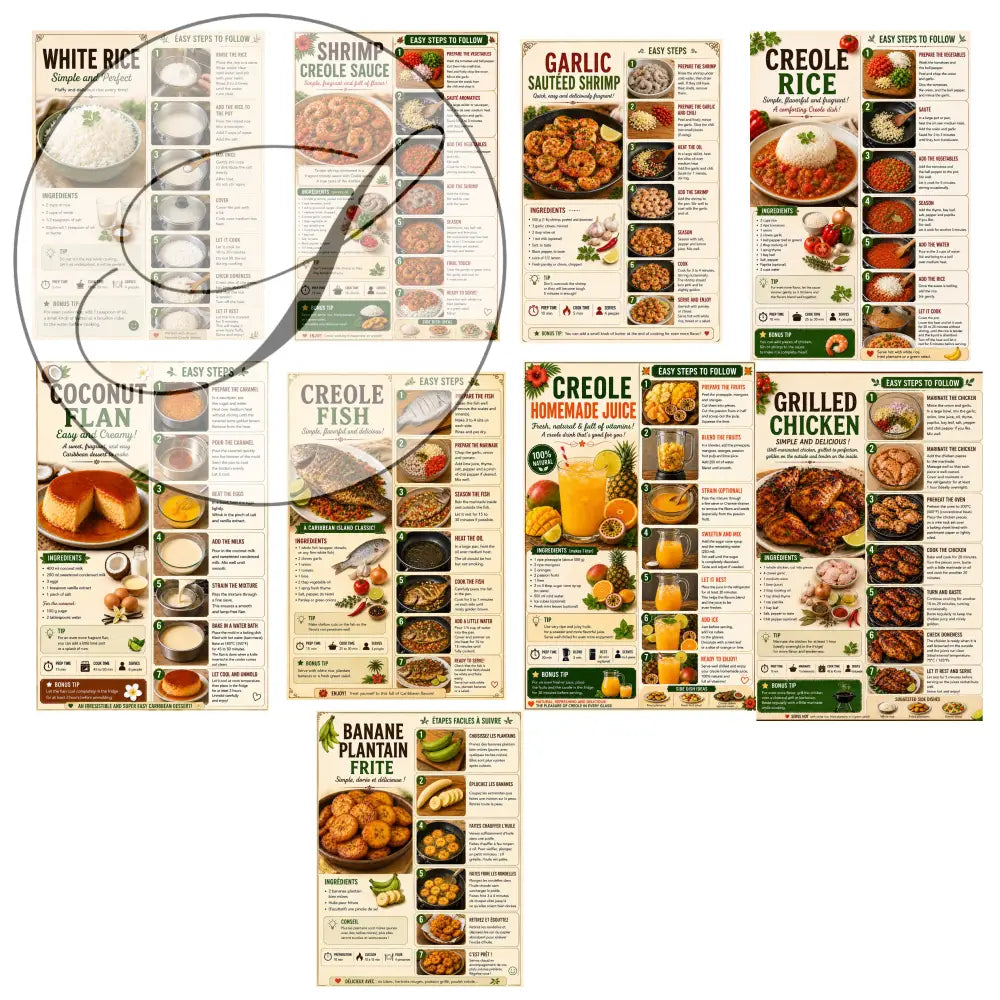 Affiche cuisine créole pdf a4 avec neuf posters illustrés de recettes créoles traditionnelles incluant boudin créole