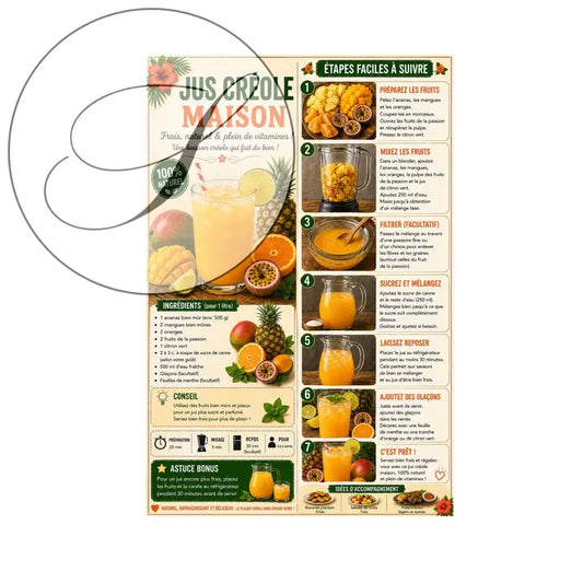 Affiche cuisine créole pdf a4 avec un verre de jus orange frais et fruits tropicaux pour recettes créoles traditionnelles