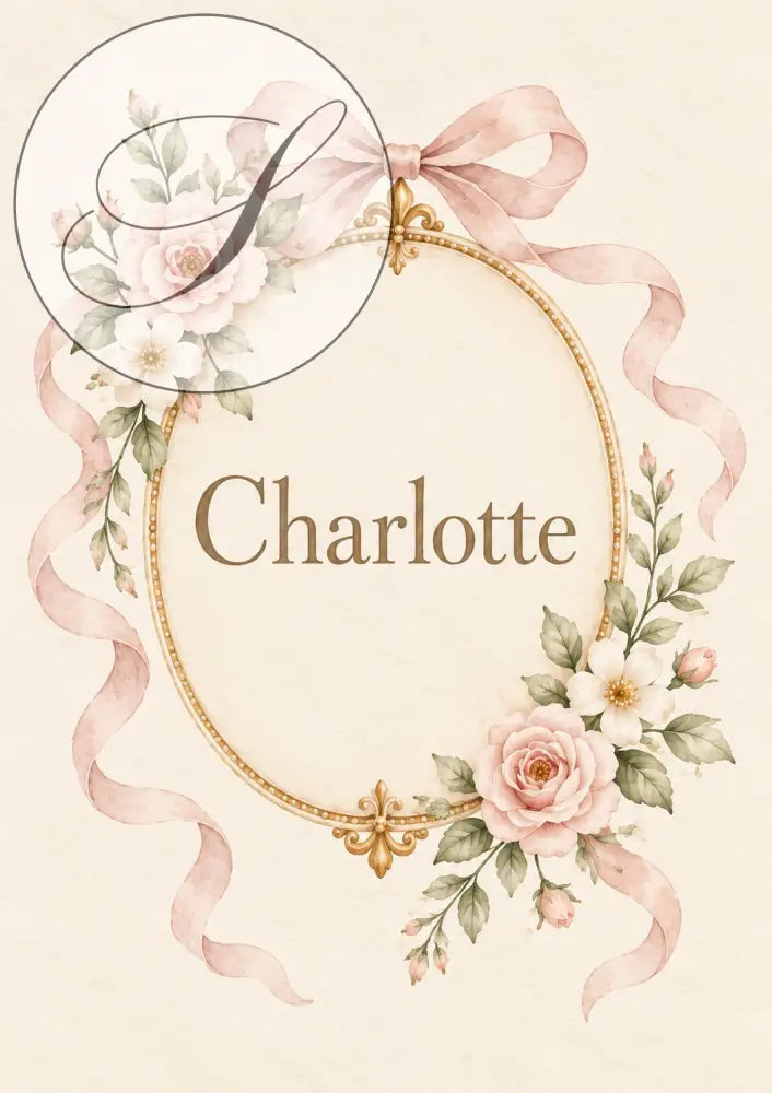 Cadeau naissance personnalisé : affiche prénom bébé dans un médaillon doré orné de roses et de rubans roses