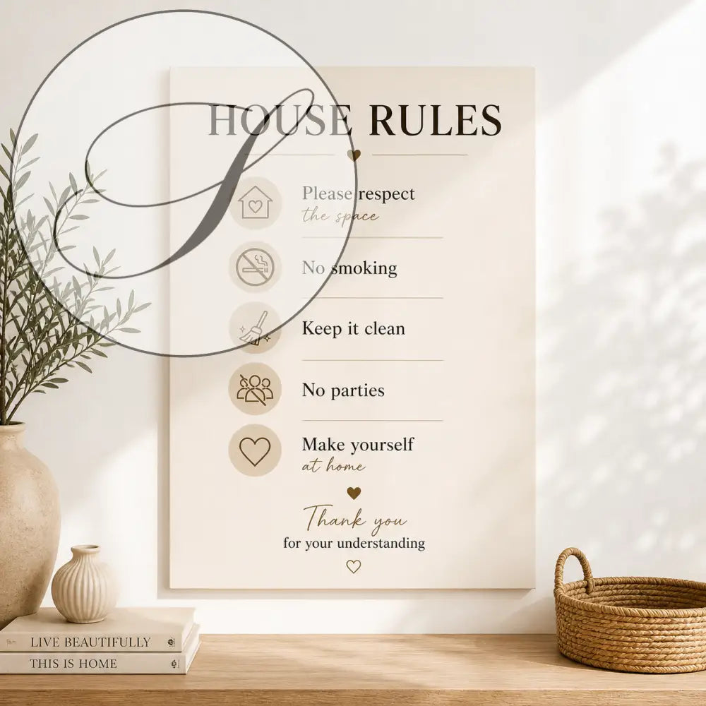 Affiche bienvenue location saisonnière beige avec règles de maison et icônes minimalistes à imprimer maison