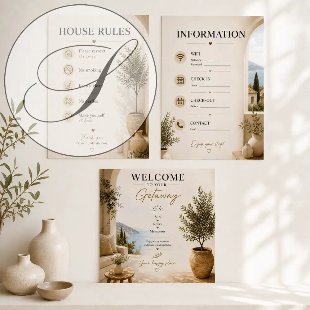 Set de trois affiches bienvenue minimalistes beige avec illustrations botaniques à imprimer maison pour location saisonnière