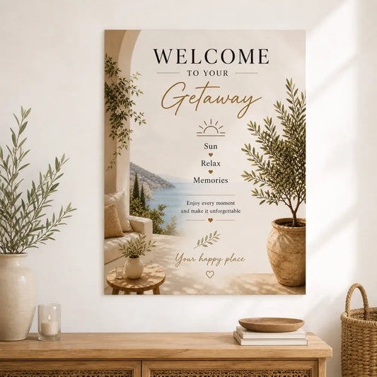 Affiche bienvenue beige avec texte gold pour location saisonniĂšre Ă imprimer maison et ambiance bord de mer