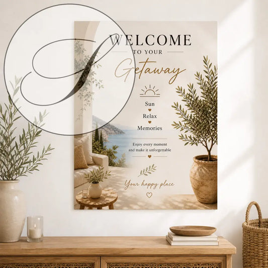 Affiche bienvenue beige avec texte gold pour location saisonniĂšre Ă imprimer maison et ambiance bord de mer