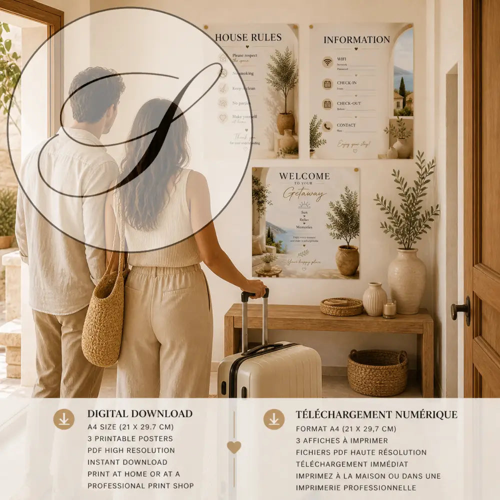 Affiche bienvenue location saisonnière avec sac épaule en paille beige tissé naturel à imprimer maison