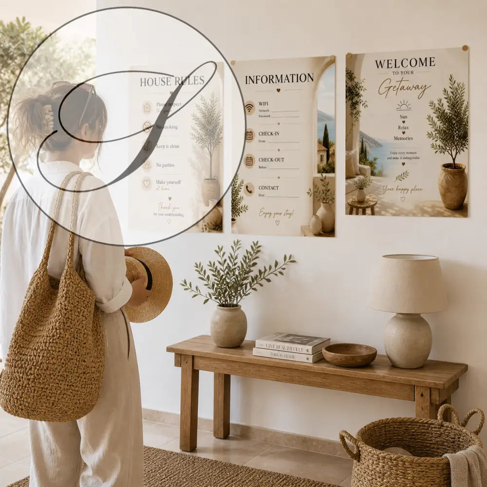 Beige sac cabas en paille tressée avec une bandoulière pour location saisonnière affiche bienvenue à imprimer maison