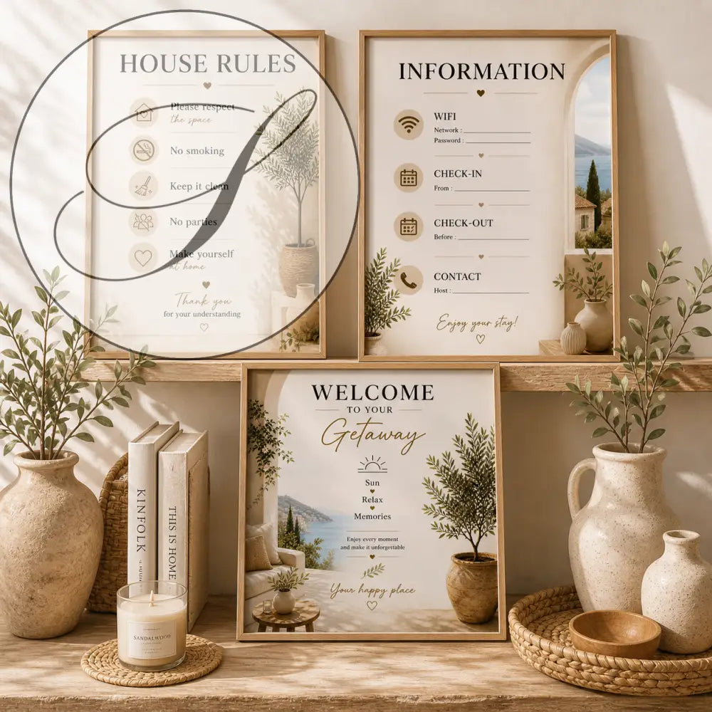 Trois affiches bienvenue location saisonnière à imprimer maison avec cadres bois rustiques et illustrations botaniques vertes