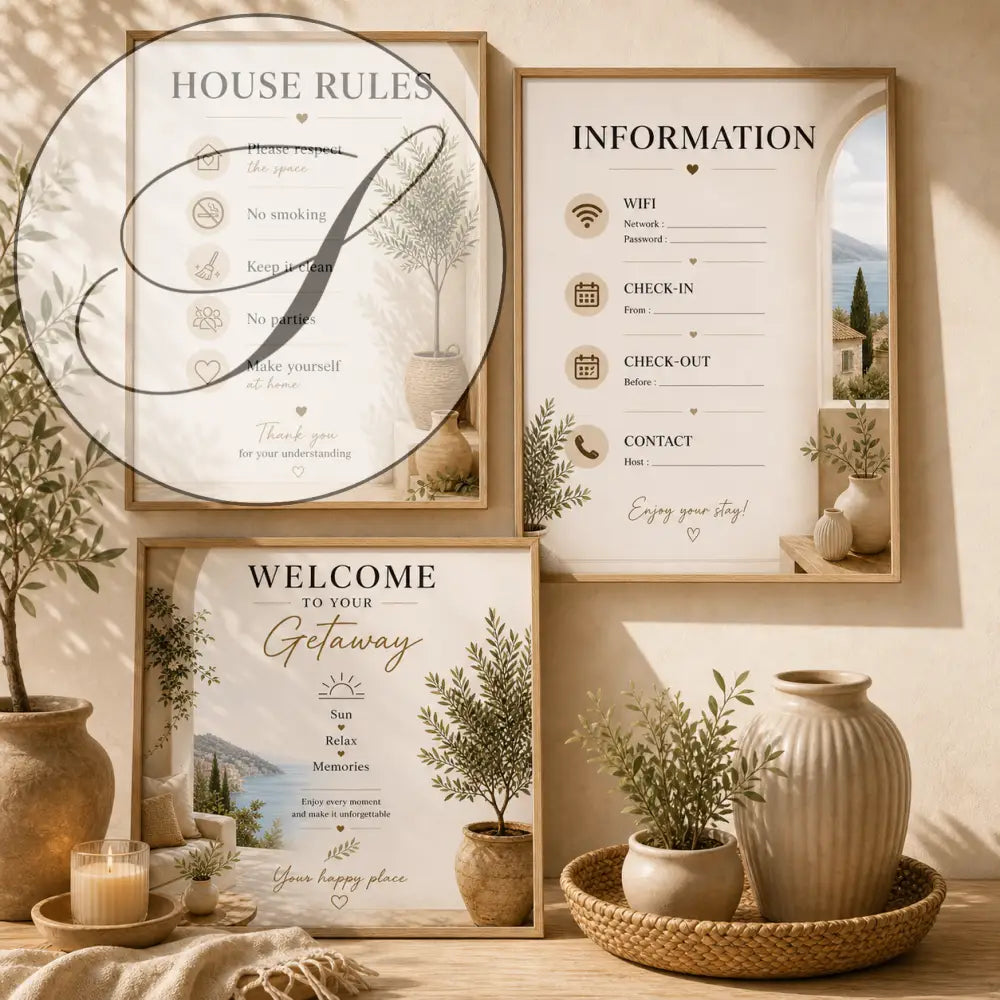 Trois affiches bienvenue location saisonnière à imprimer maison avec designs rustiques et illustrations botaniques