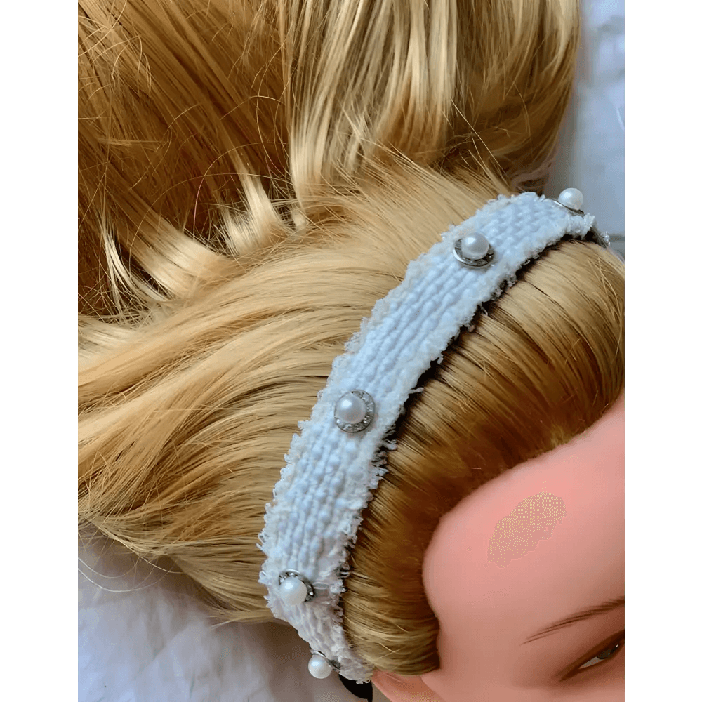 Serre-Tête en Tweed Blanc Ornées de Perles – Accessoire Chic et Élégant pour Femme - Serre-têtes