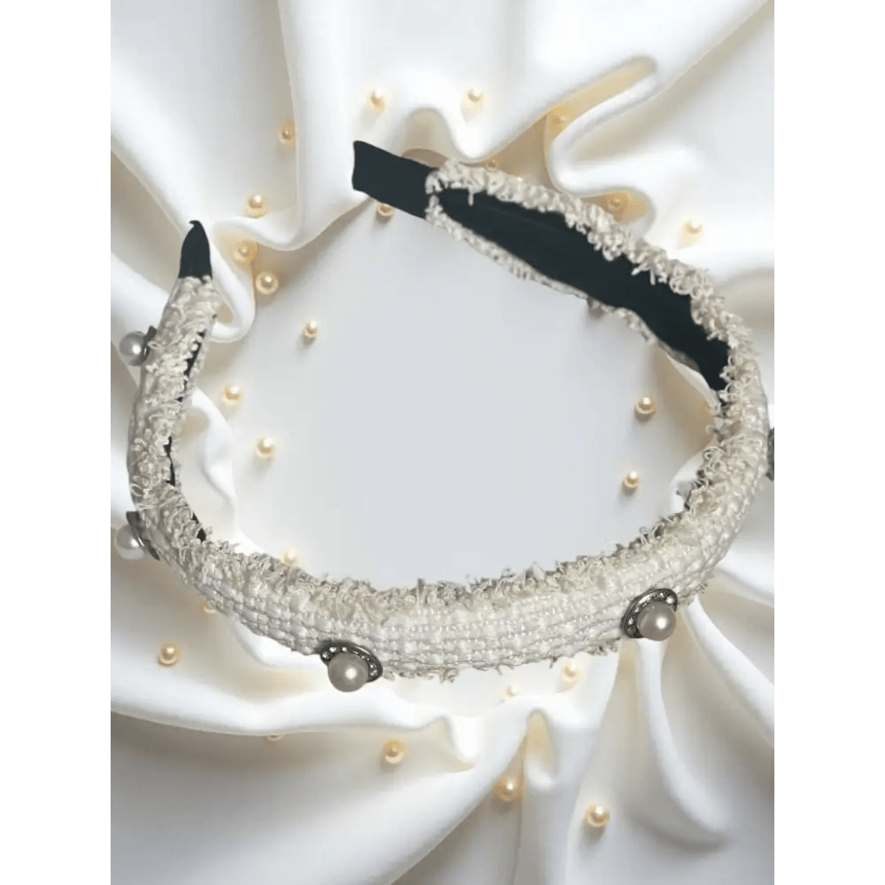Serre-Tête en Tweed Blanc Ornées de Perles – Accessoire Chic et Élégant pour Femme - Serre-têtes