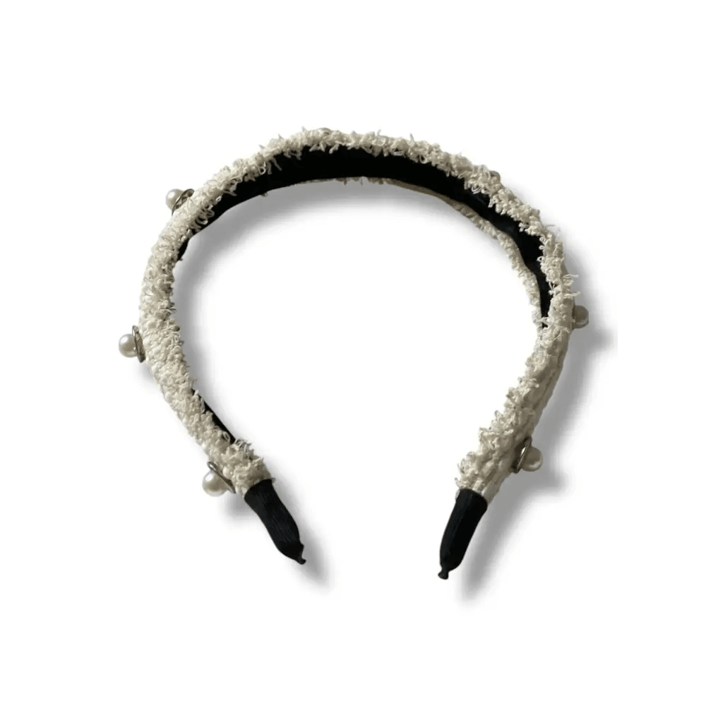 Serre-Tête en Tweed Blanc Ornées de Perles – Accessoire Chic et Élégant pour Femme - Serre-têtes