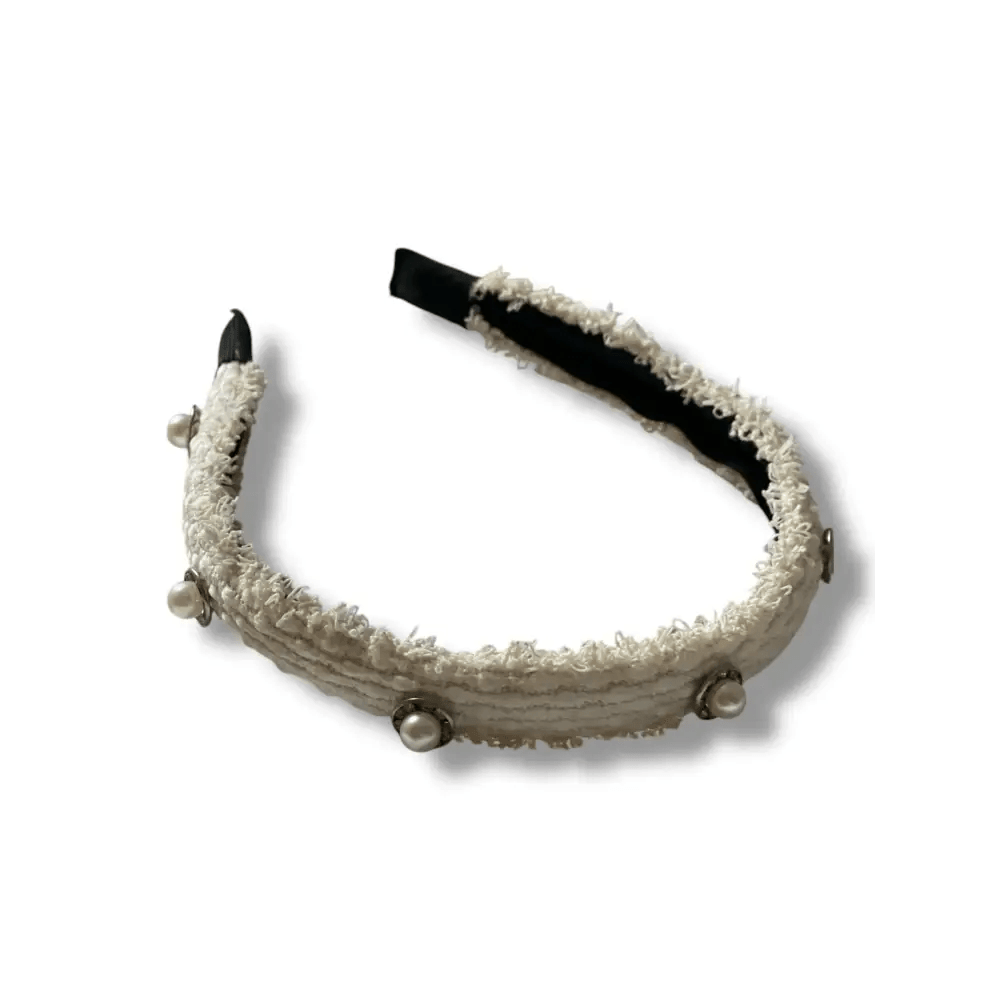 Serre-Tête en Tweed Blanc Ornées de Perles – Accessoire Chic et Élégant pour Femme - Serre-têtes
