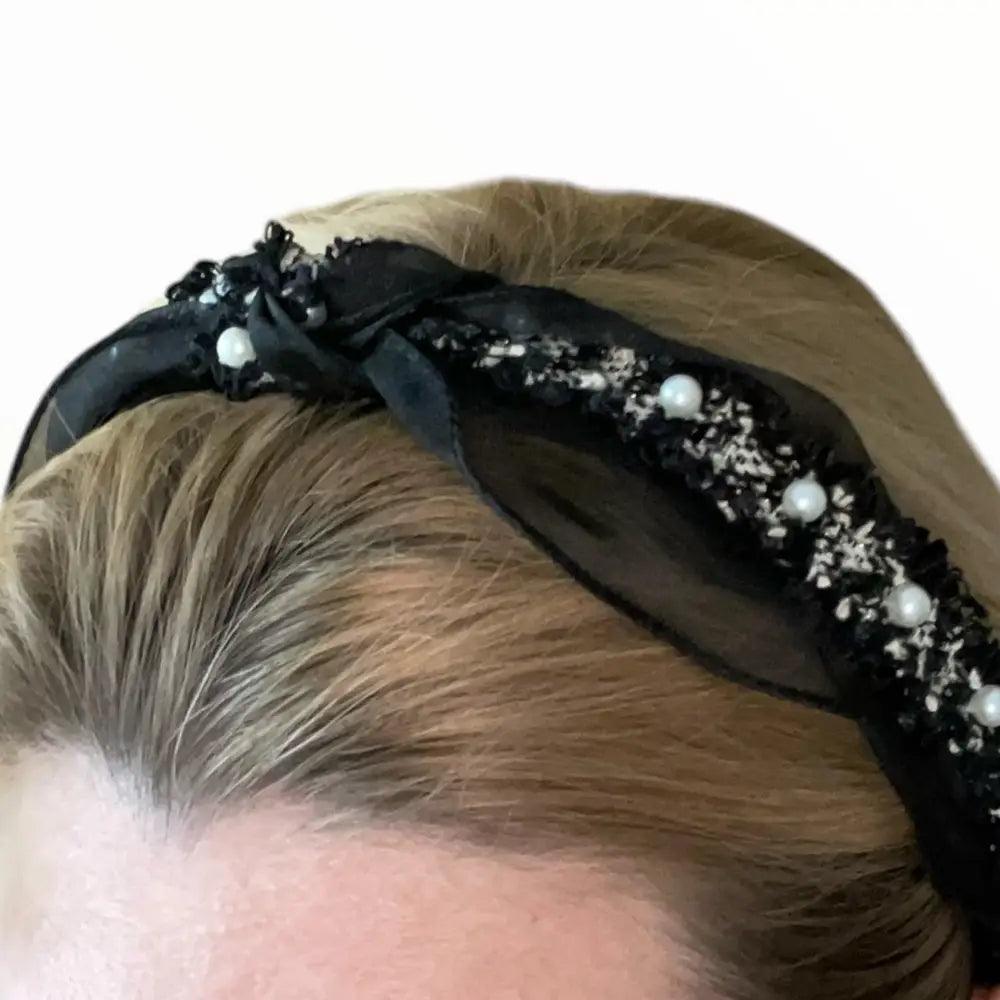 Serre-tête Noir en Tweed Tulle et Perles Chic - Serre-têtes