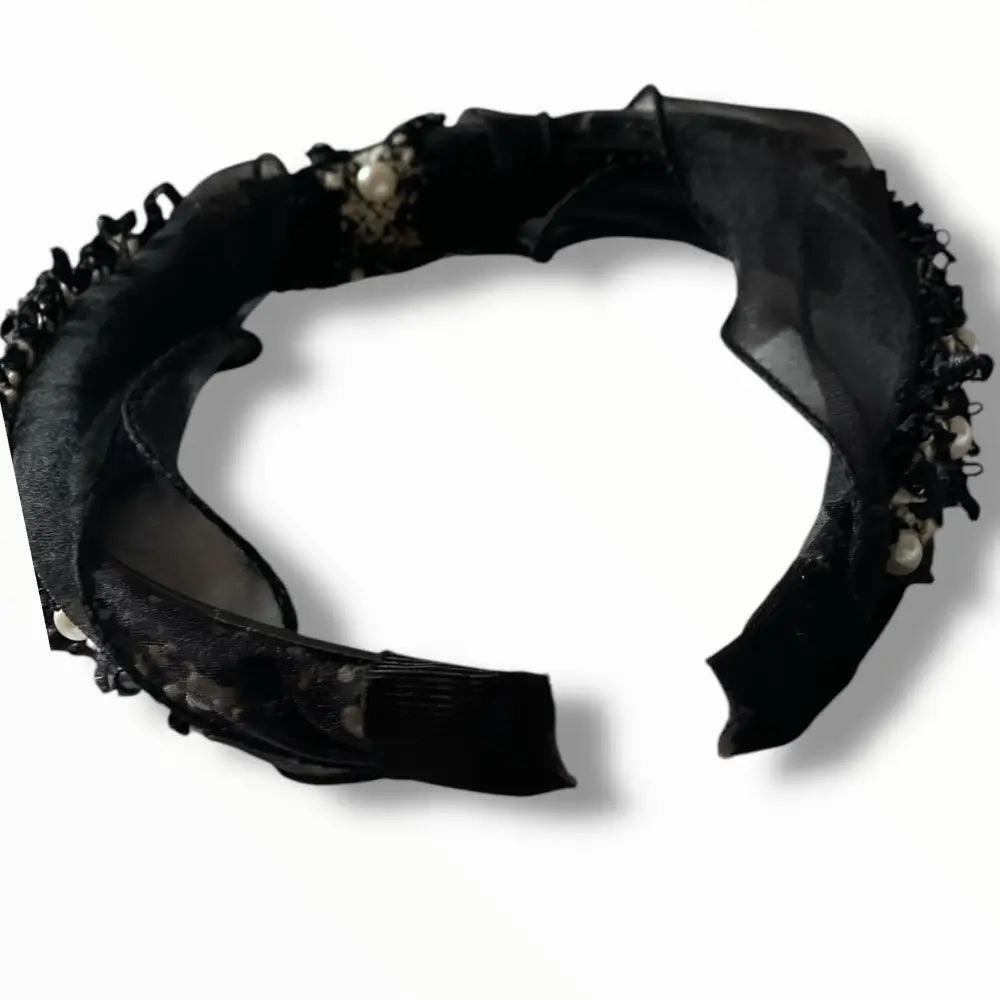 Serre-tête Noir en Tweed Tulle et Perles Chic - Serre-têtes