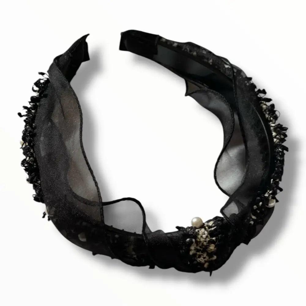 Serre-tête Noir en Tweed Tulle et Perles Chic - Serre-têtes