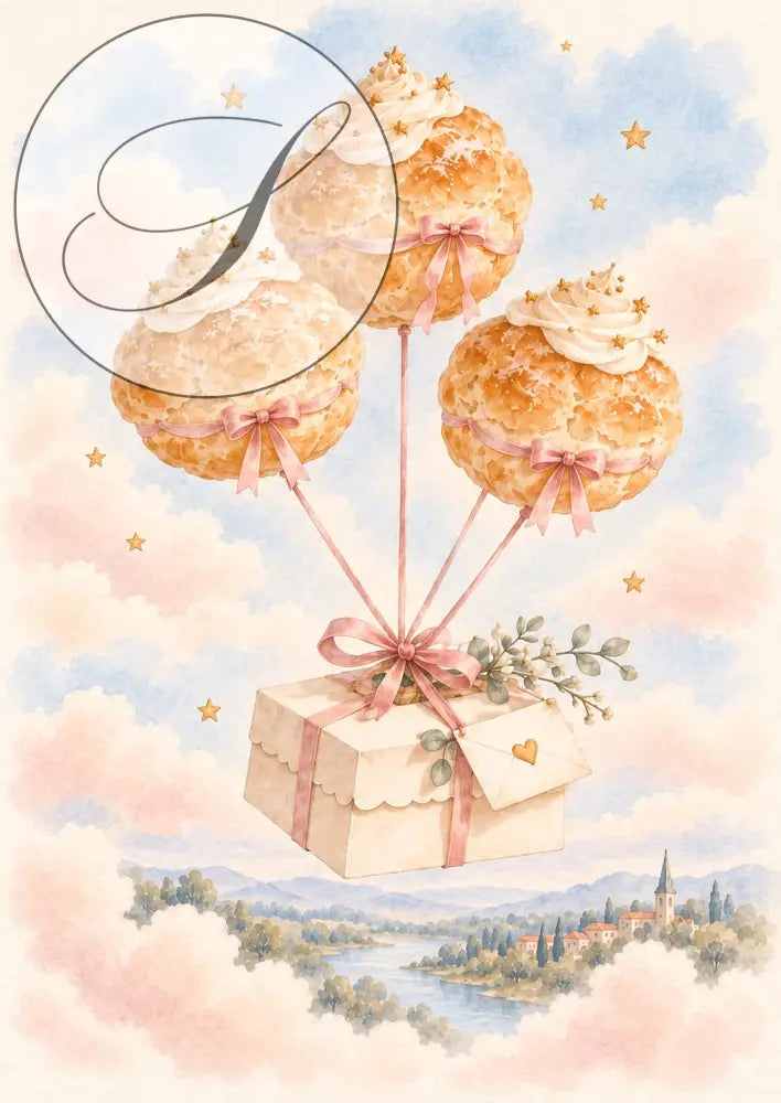 Cadeau naissance : affiche ballons en pâte à choux portant un paquet cadeau au-dessus des nuages, déco chambre bébé