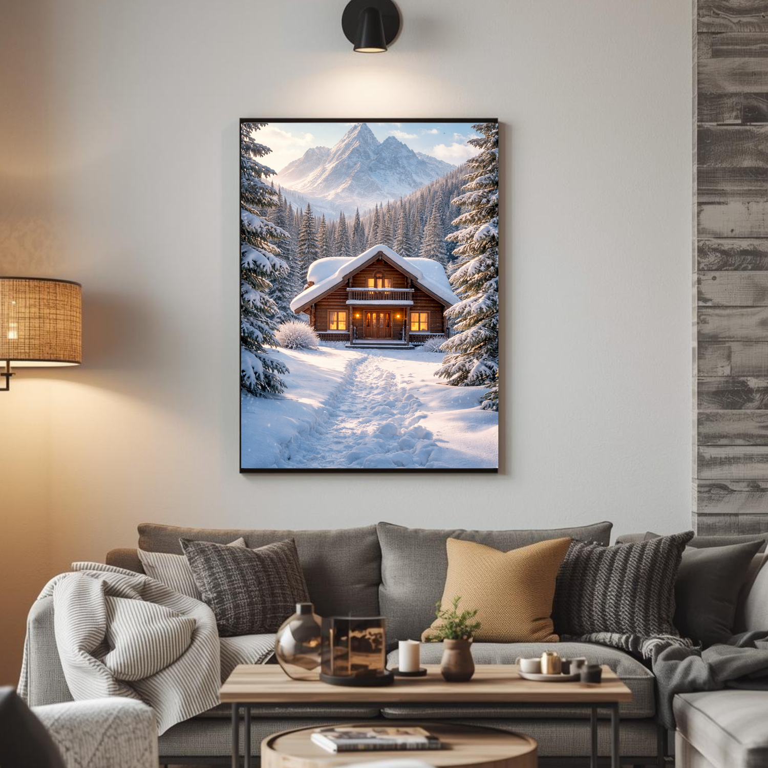Winter cabin wall art printable, cozy mountain chalet illustration