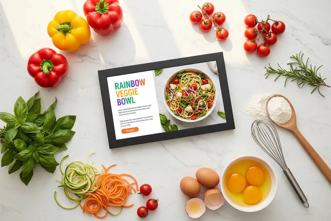 Cadre photo numérique noir affichant une recette colorée de rainbow veggie bowl dans un article sur le cadre photo en cuisine