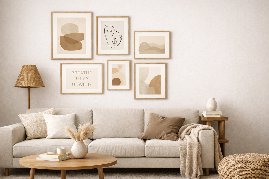 printable wall art gallery wall in modern neutral living room with minimalist framed posters