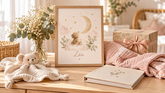 Affiche de naissance personnalisée ours et lune encadrée dans une chambre de bébé, idée cadeau naissance originale