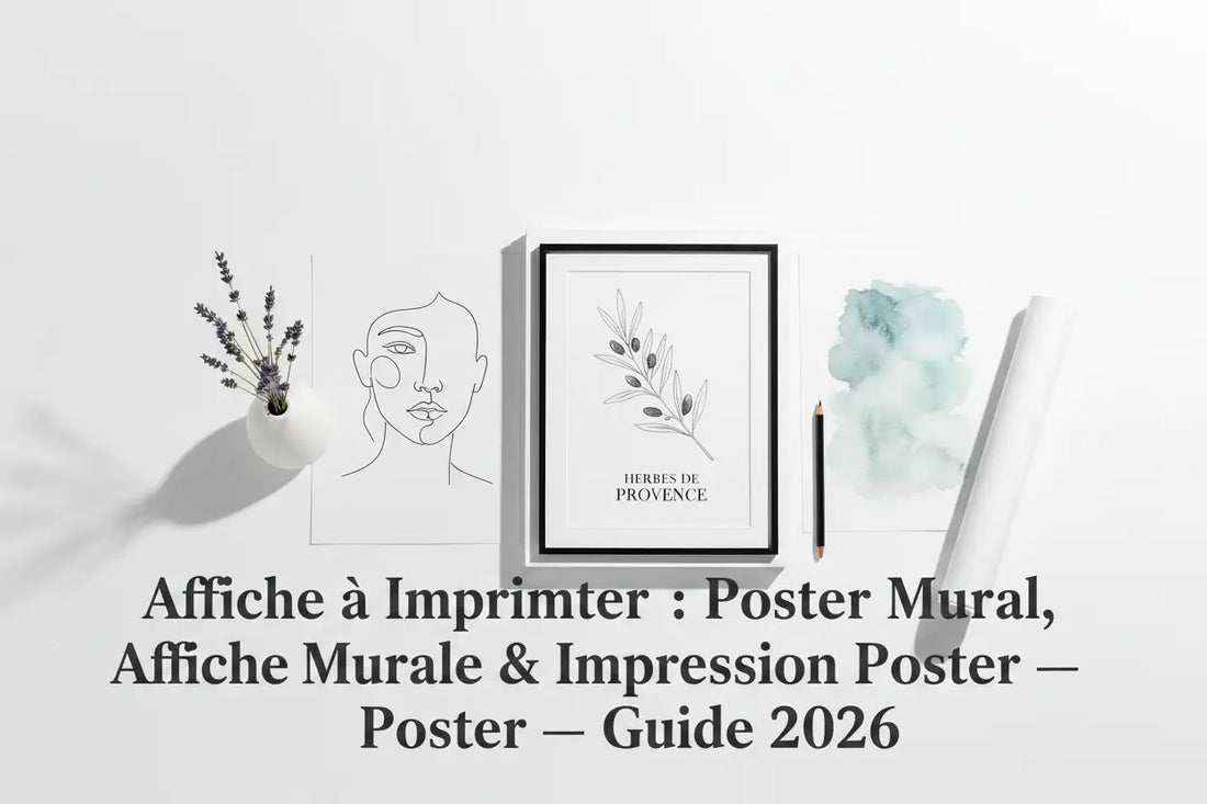 Affiche à imprimer de poster mural noir avec dessin minimaliste de branches dolive et texte herbes de provence