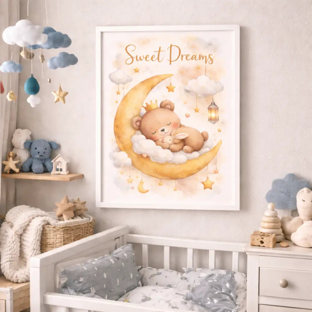 Affiche chambre bébé ours lune à imprimer - décoration murale enfant