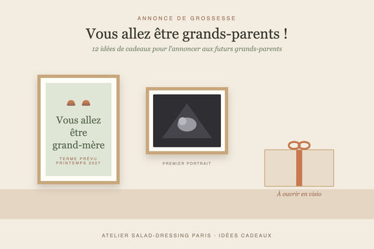 Annonce de grossesse aux futurs grands-parents : affiche Vous allez être grand-mère, échographie encadrée et cadeau à ouvrir