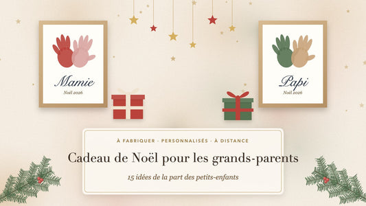 Cadeau de Noël pour les grands-parents : deux tableaux d'empreintes de mains des petits-enfants, Mamie et Papi, et des paquets cadeaux