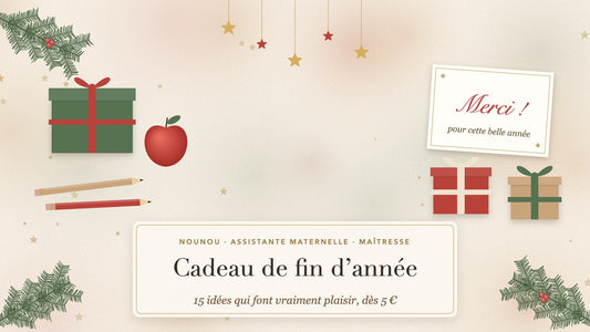 Cadeau de fin d'année pour la nounou ou la maîtresse : paquets cadeaux, pomme, crayons et carte Merci